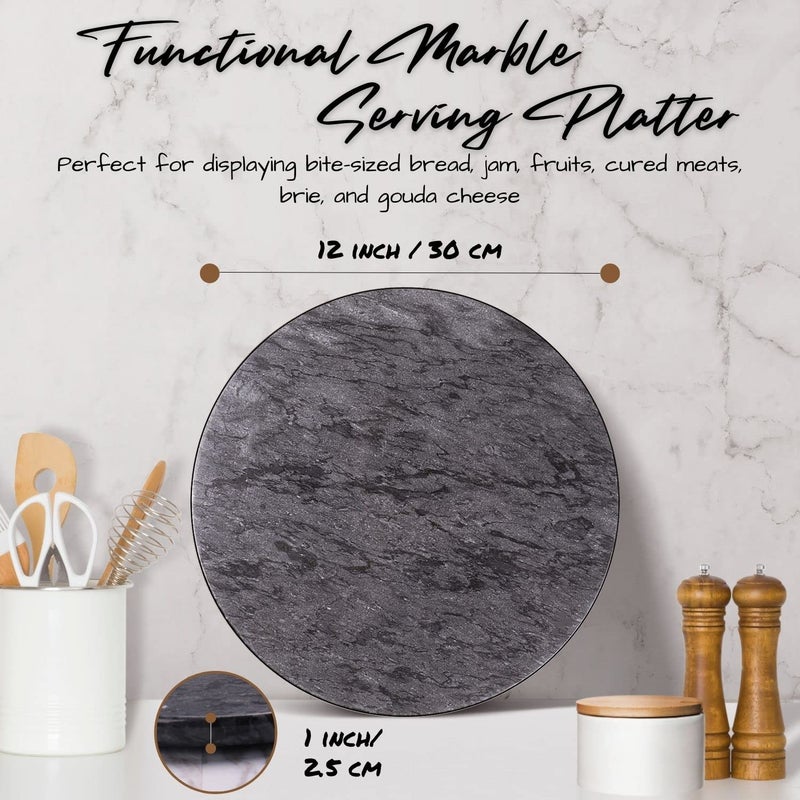 Flexzion Round Marble Cheese Board - 12 Inch Black Marble Serving Board for Charcuterie, Cheese, Cutting, Pastry, Trivet - Non-Stick and Heat Resistant - Image 3